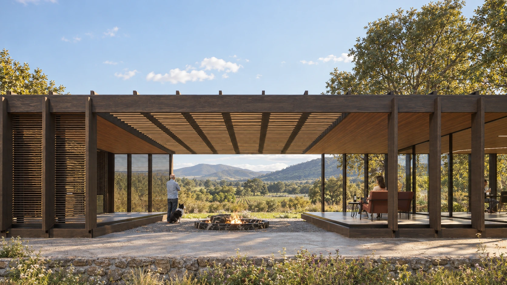 Espacio exterior con fogón y vistas a los viñedos