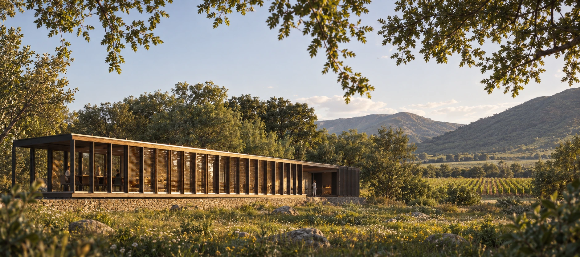 Visualización conceptual del pabellón de degustación entre árboles y viñedos de Caliterra