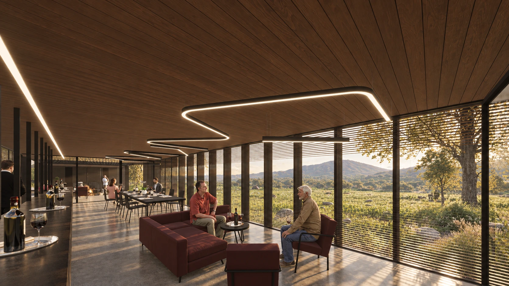 Sala de degustación abierta hacia el valle
