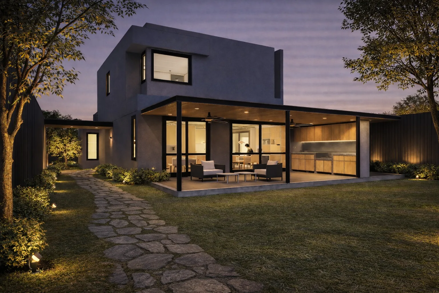 Visualización nocturna de la Casa Carrere desde el jardín