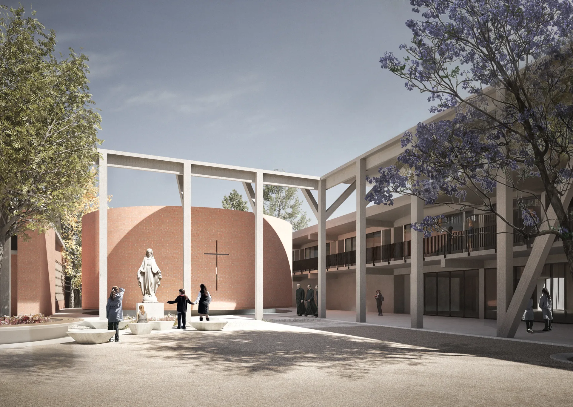 El patio cívico y el oratorio proyectado.
