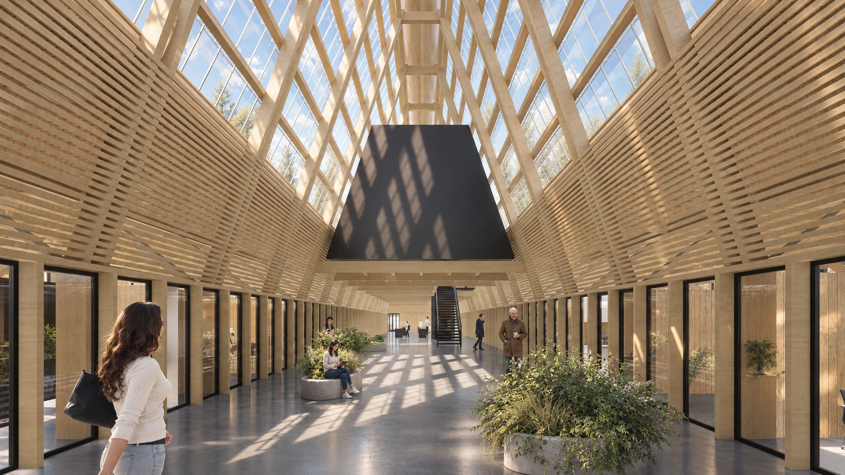 Nave de cristal y estructura de madera del espacio público interior